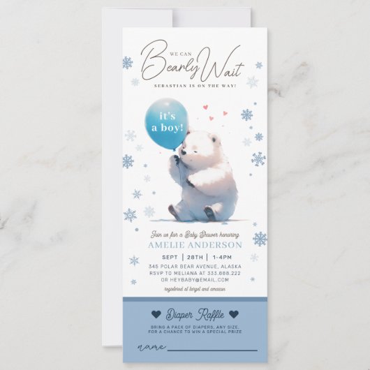 我々は真摯に待つ男の子の赤ちゃんシャワーおむつラッフル 招待状