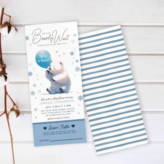 我々は真摯に待つ男の子の赤ちゃんシャワーおむつラッフル 招待状