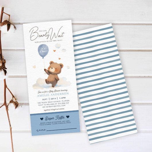 我々は真摯に待つ男の子の赤ちゃんシャワーおむつラッフル 招待状