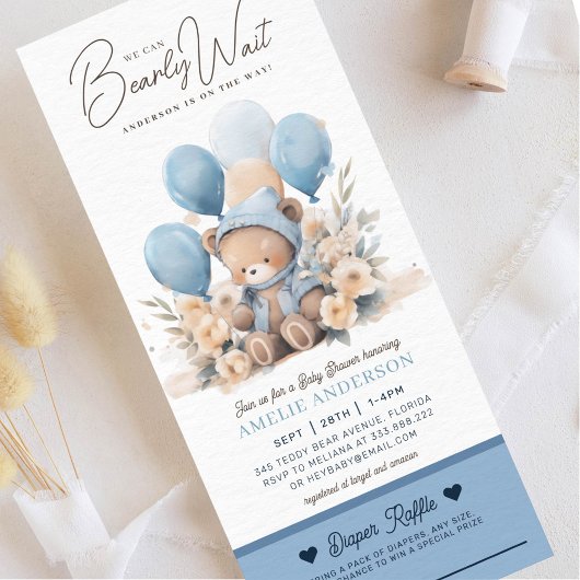 我々は真摯に待つ男の子の赤ちゃんシャワーおむつラッフル 招待状