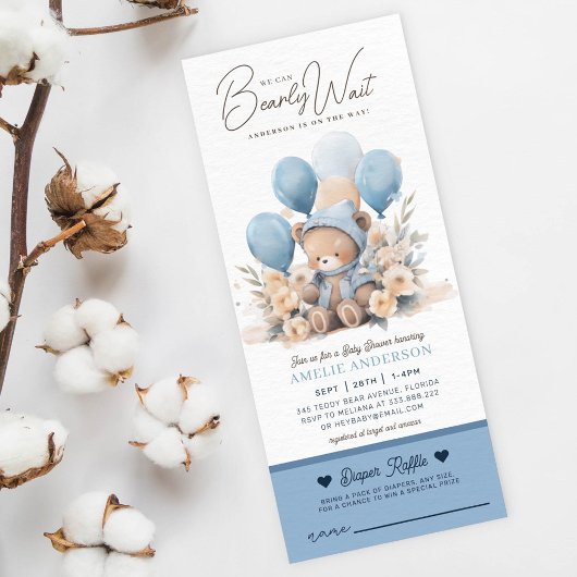 我々は真摯に待つ男の子の赤ちゃんシャワーおむつラッフル 招待状