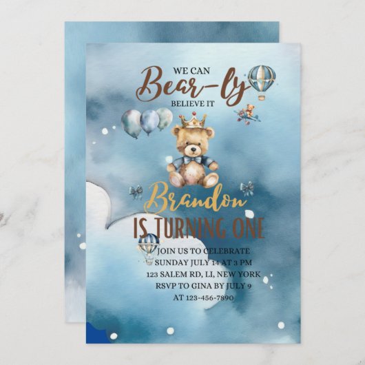 我々は真摯に待つ、クマ、ブラウン、ブルー、誕生日 案内状 (正面/裏面)