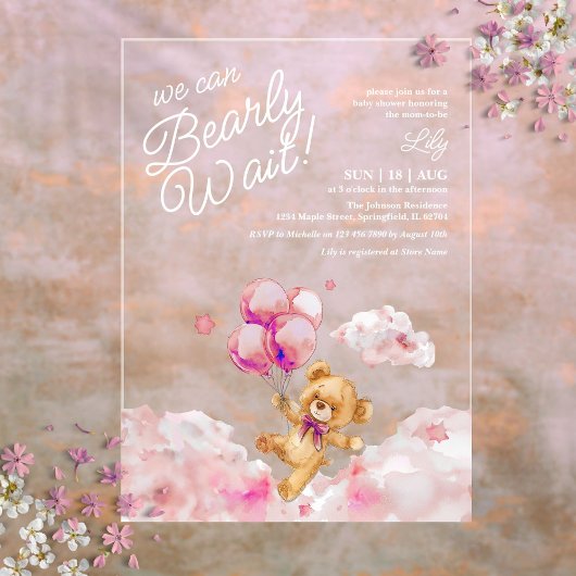 我々は真珠のように待つことができるテディピンクの女の子の赤ちゃんシャワー アクリル招待状