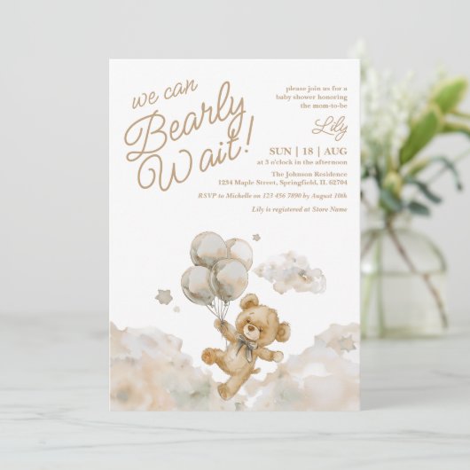 我々は真珠のように待つことができるテディベア中立ベビーシャワー 招待状 (スタンド正面)