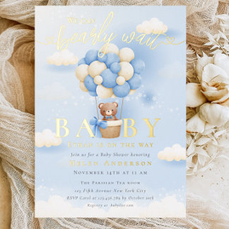 我々は真珠のように待つことができるテディベア中立ベビーシャワー 箔招待状
