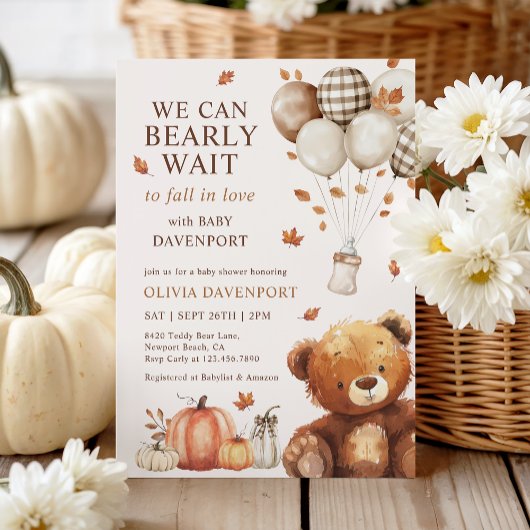 我々は真珠のように待つことができるテディベア秋赤ちゃんシャワー 招待状