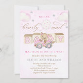 我々は真珠のように待つことができるテディベア赤ちゃんシャワーピンク 招待状 (正面)