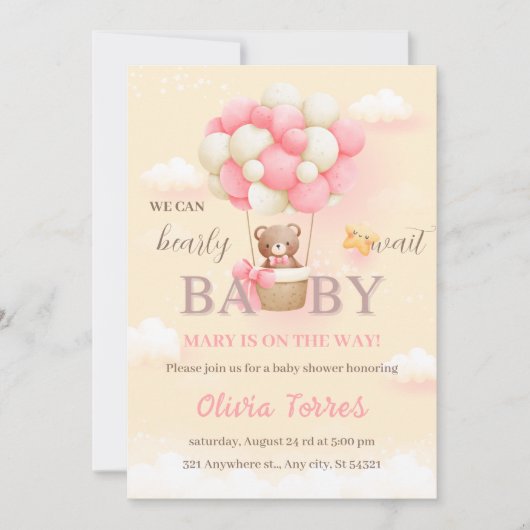 我々は真珠のように待つことができるテディベア赤ちゃんシャワーピンク 招待状 (正面)