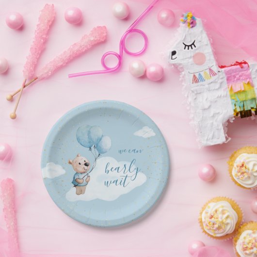 我々は真珠のように待つことができるテディベア赤ちゃんシャワー青 ペーパープレート (パーティー)