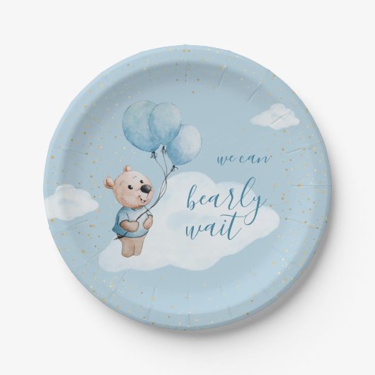 我々は真珠のように待つことができるテディベア赤ちゃんシャワー青 ペーパープレート (正面)
