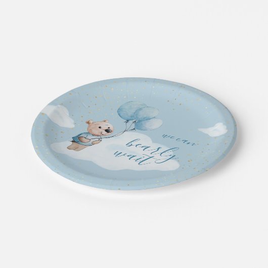 我々は真珠のように待つことができるテディベア赤ちゃんシャワー青 ペーパープレート (アングル)