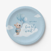 我々は真珠のように待つことができるテディベア赤ちゃんシャワー青 ペーパープレート (正面)