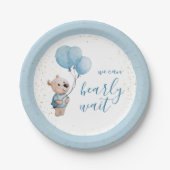 我々は真珠のように待つことができるテディベア赤ちゃんシャワー青 ペーパープレート (正面)