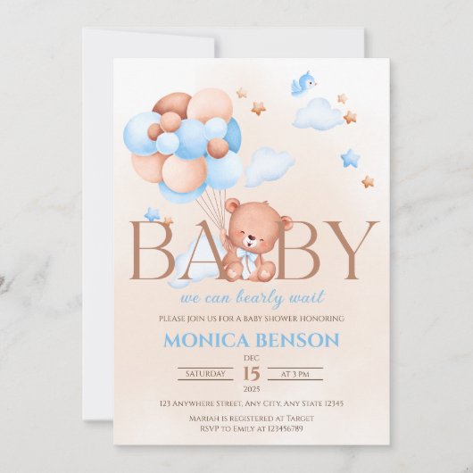 我々は真珠のように待つことができるボーホブルーベージュベイビーシャワー 招待状 (正面)