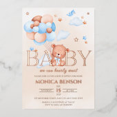 我々は真珠のように待つことができるBohoブルーベージュボーイベイビーシャワー 箔招待状 (正面)