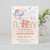 我々は真珠のように待つことができるBohoブルーベージュボーイベイビーシャワー 箔招待状 (立ち正面)