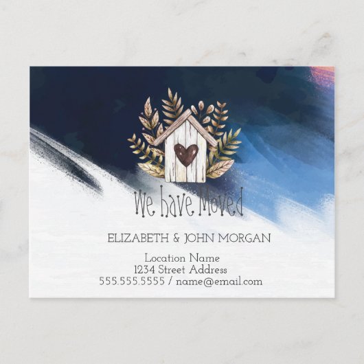 我々は移動した，木造の家，ブラシのストローク新しいアドレス 案内ポストカード (正面)