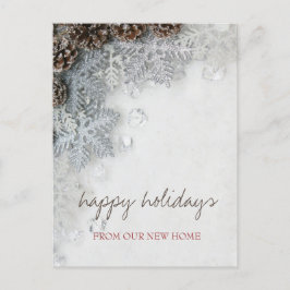 我々は移動した，松のコーン，雪の結晶の休日 案内ポストカード