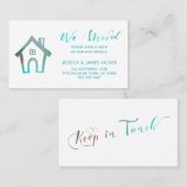 "我々は移動"/手描き家のティール(緑がかった色)水色 名刺 (正面/裏面)