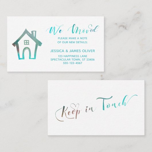 "我々は移動"/手描き家のティール(緑がかった色)水色 名刺 (正面/裏面)