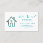 "我々は移動"/手描き家のティール（緑がかった色）水色 名刺 (正面)