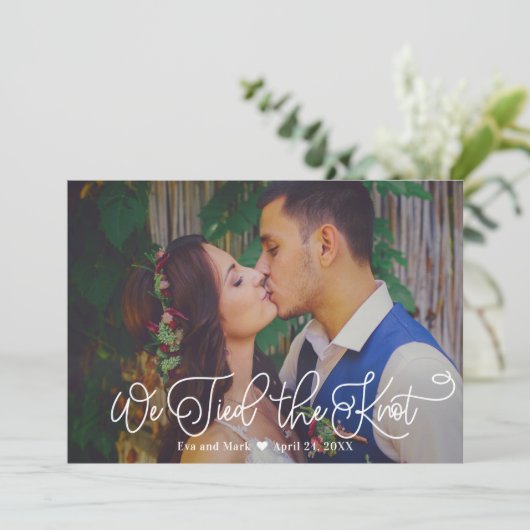 我々は結び目の白い台本の結婚写真 案内状 (スタンド正面)