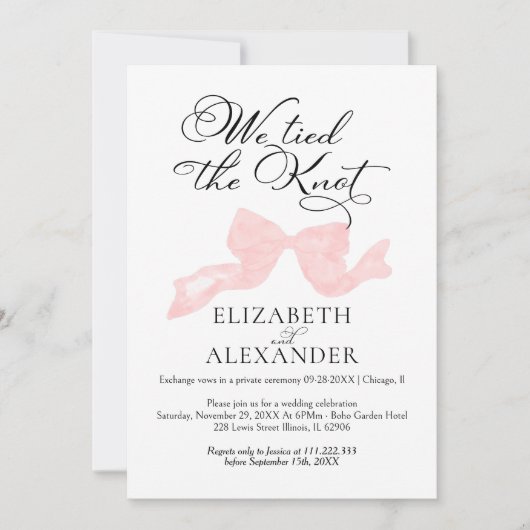 我々は結び目を結んだ |ピンクボウ結婚の駆け落ち 招待状 (正面)