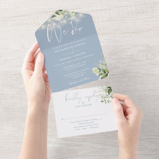 我々は緑の文字列のライト埃の多い青結婚の オールインワン招待状 (貼ってはがせる)