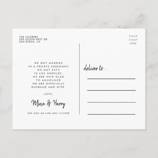 我々は脚本モダンの写結婚真を落とした ポストカード (裏面)