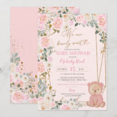 我々は良く待つことができますピンクのテディベア赤ちゃんシャワーinv 招待状 (正面/裏面)