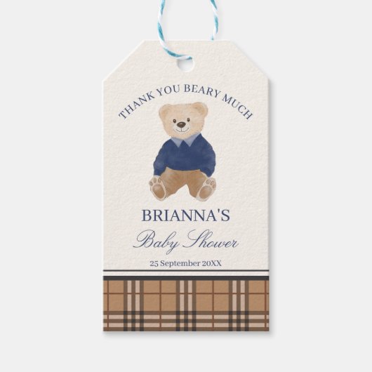 我々は良く待つことができるクラシックの格子状の赤ちゃんシャワー ギフトタグ (正面)