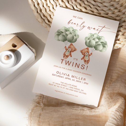 我々は良く待つことができるツインズセージ緑の赤ちゃんシャワー 招待状