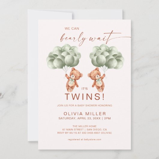 我々は良く待つことができるツインズセージ緑の赤ちゃんシャワー 招待状 (正面)