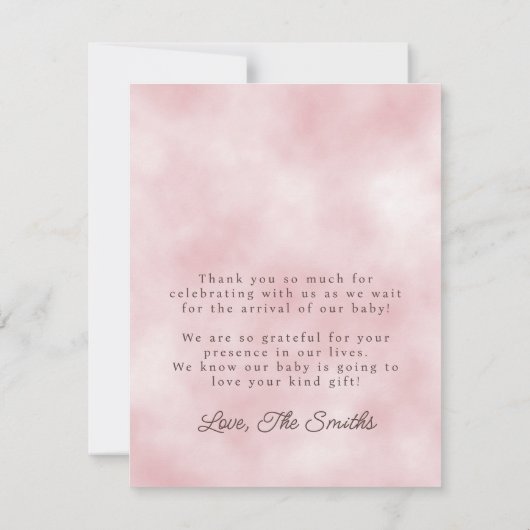 我々は良く待つことができるパステルピンク赤ちゃんシャワーフラット サンキューカード (裏面)