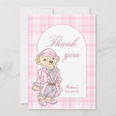 我々は良く待つことができるピンクのクラシックの格子状の赤ちゃんシャワー サンキューカード (正面)
