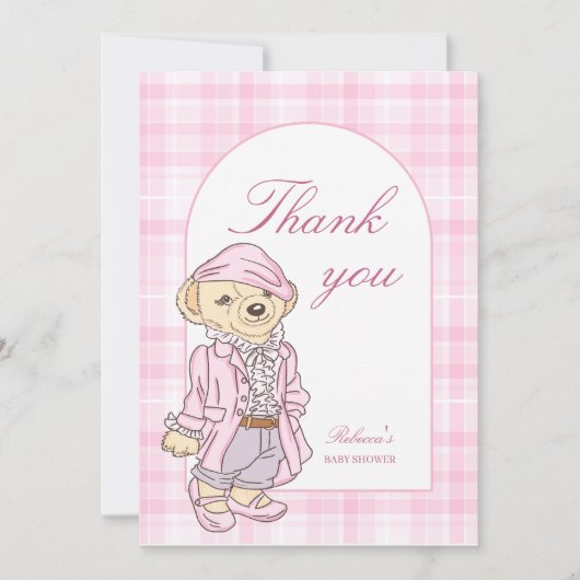 我々は良く待つことができるピンクのクラシックの格子状の赤ちゃんシャワー サンキューカード (正面)