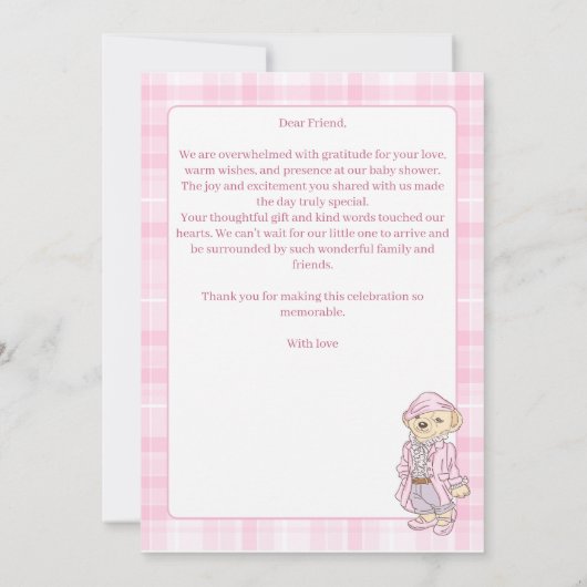 我々は良く待つことができるピンクのクラシックの格子状の赤ちゃんシャワー サンキューカード (裏面)