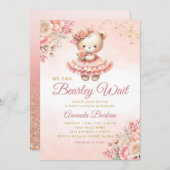 我々は良く待つことができる女の子テディベア赤ちゃんシャワー 招待状 (正面/裏面)