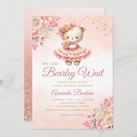 我々は良く待つことができる女の子テディベア赤ちゃんシャワー 招待状 (正面/裏面)