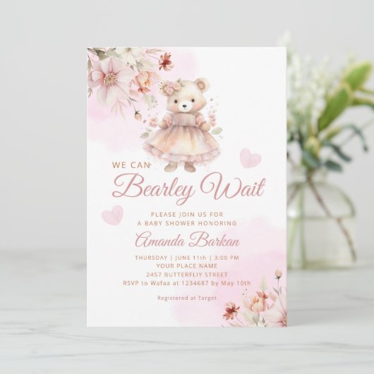 我々は良く待つことができる女の子テディベア赤ちゃんシャワー 招待状 (スタンド正面)