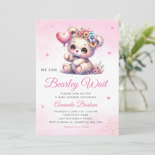 我々は良く待つことができる女の子テディベア赤ちゃんシャワー 招待状 (スタンド正面)