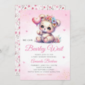 我々は良く待つことができる女の子テディベア赤ちゃんシャワー 招待状 (正面/裏面)
