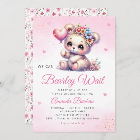 我々は良く待つことができる女の子テディベア赤ちゃんシャワー 招待状 (正面/裏面)