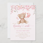 我々は良く待つことができる女の子テディベア赤ちゃんシャワー 招待状 (正面)