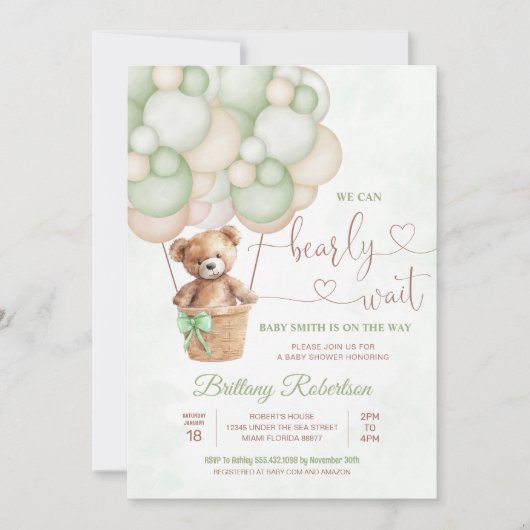 我々は良く待つことができる女の子テディベア赤ちゃんシャワー 招待状 (正面)