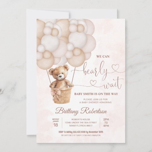 我々は良く待つことができる女の子テディベア赤ちゃんシャワー 招待状 (正面)