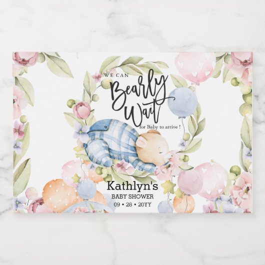 我々は良く待つことができる男の子テディベア赤ちゃんシャワー スパークリングワインラベル (シングルラベル)