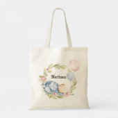 我々は良く待つことができる男の子テディベア赤ちゃんシャワー トートバッグ (裏面)