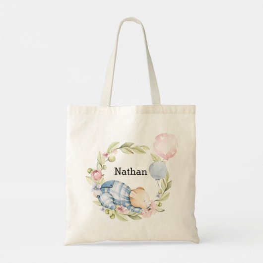 我々は良く待つことができる男の子テディベア赤ちゃんシャワー トートバッグ (裏面)