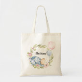 我々は良く待つことができる男の子テディベア赤ちゃんシャワー トートバッグ (正面)